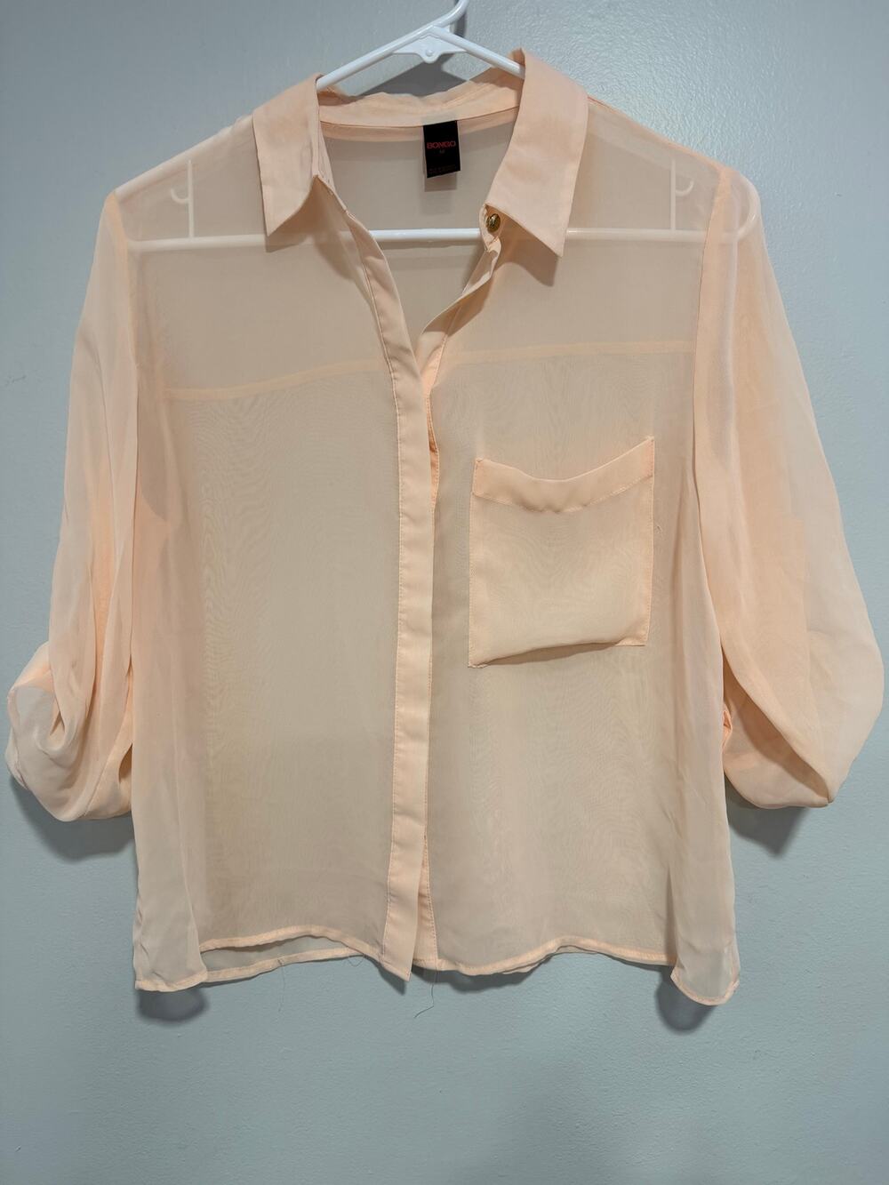 Bongo Sheer Peach Chiffon Button Down Blouse Roll Tab Sleeve M